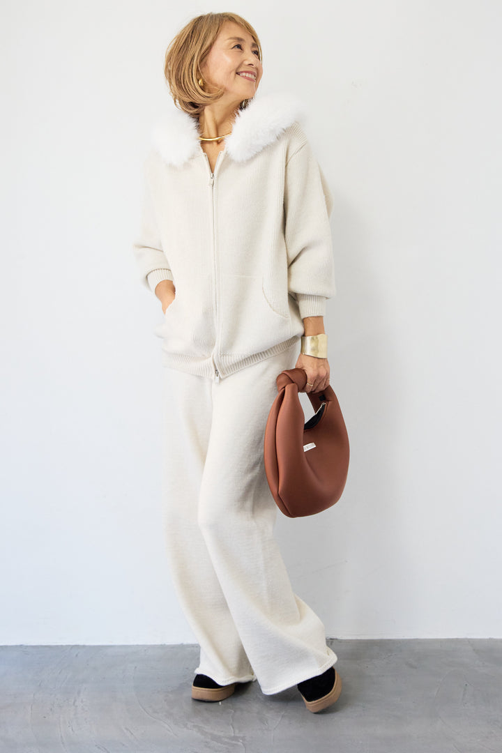 ファーフードジップニットパーカーセットアップ