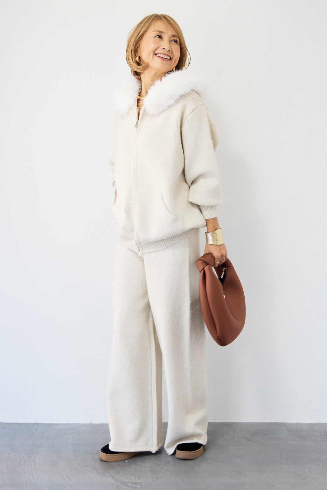 ファーフードジップニットパーカーセットアップ