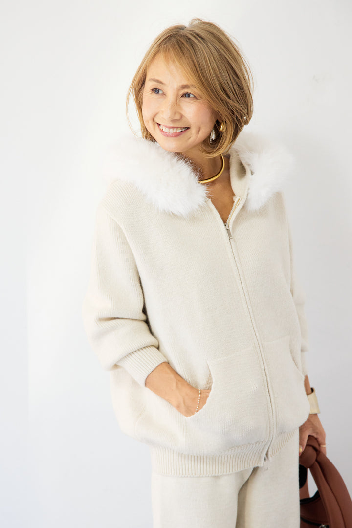 ファーフードジップニットパーカーセットアップ