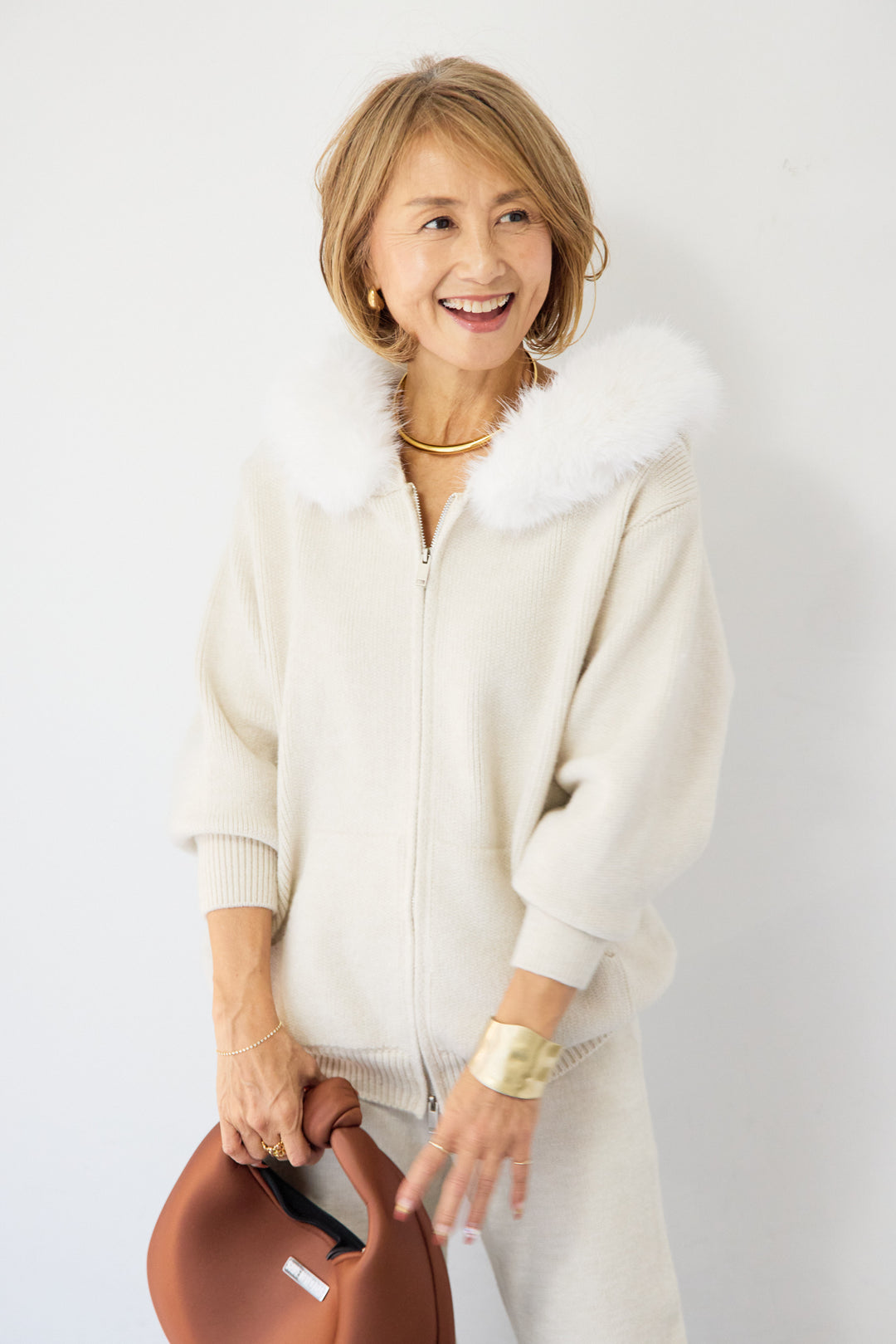 ファーフードジップニットパーカーセットアップ