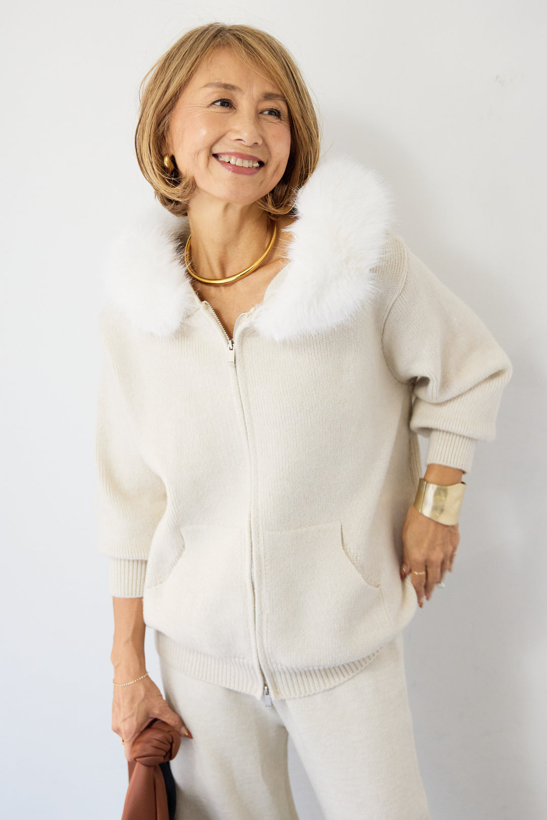 ファーフードジップニットパーカーセットアップ