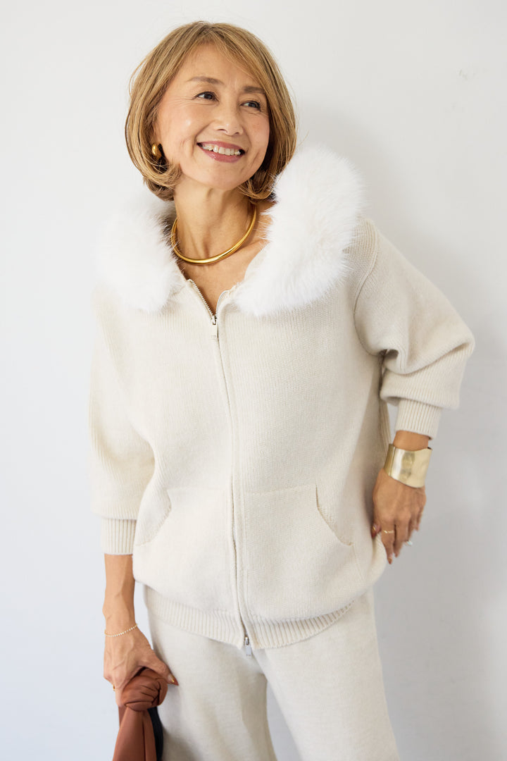 ファーフードジップニットパーカーセットアップ