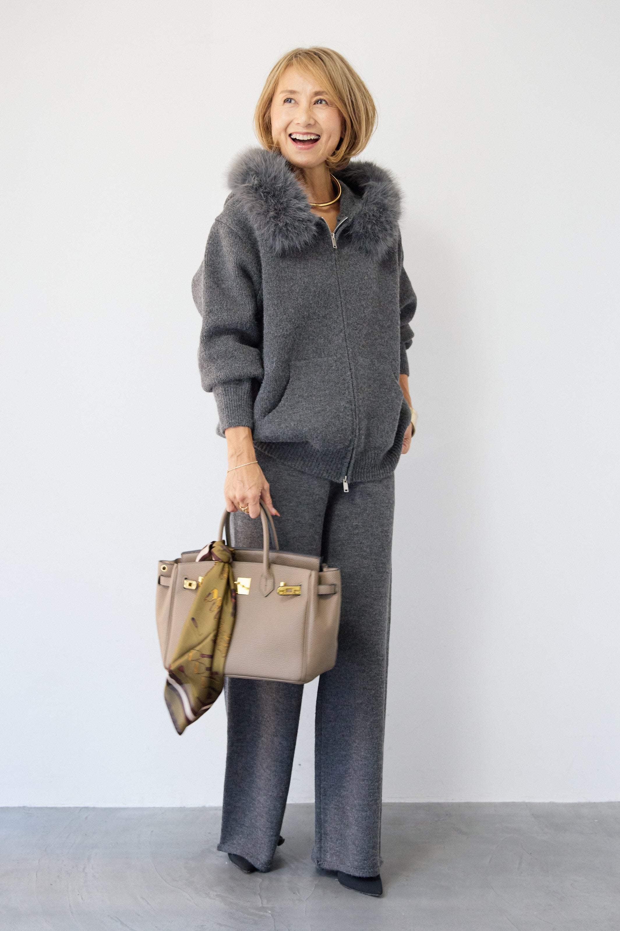 ファーフードジップニットパーカーセットアップ – plusotoha