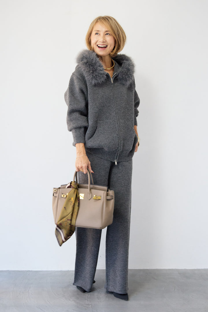 ファーフードジップニットパーカーセットアップ