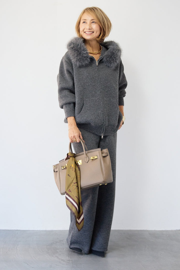 ファーフードジップニットパーカーセットアップ