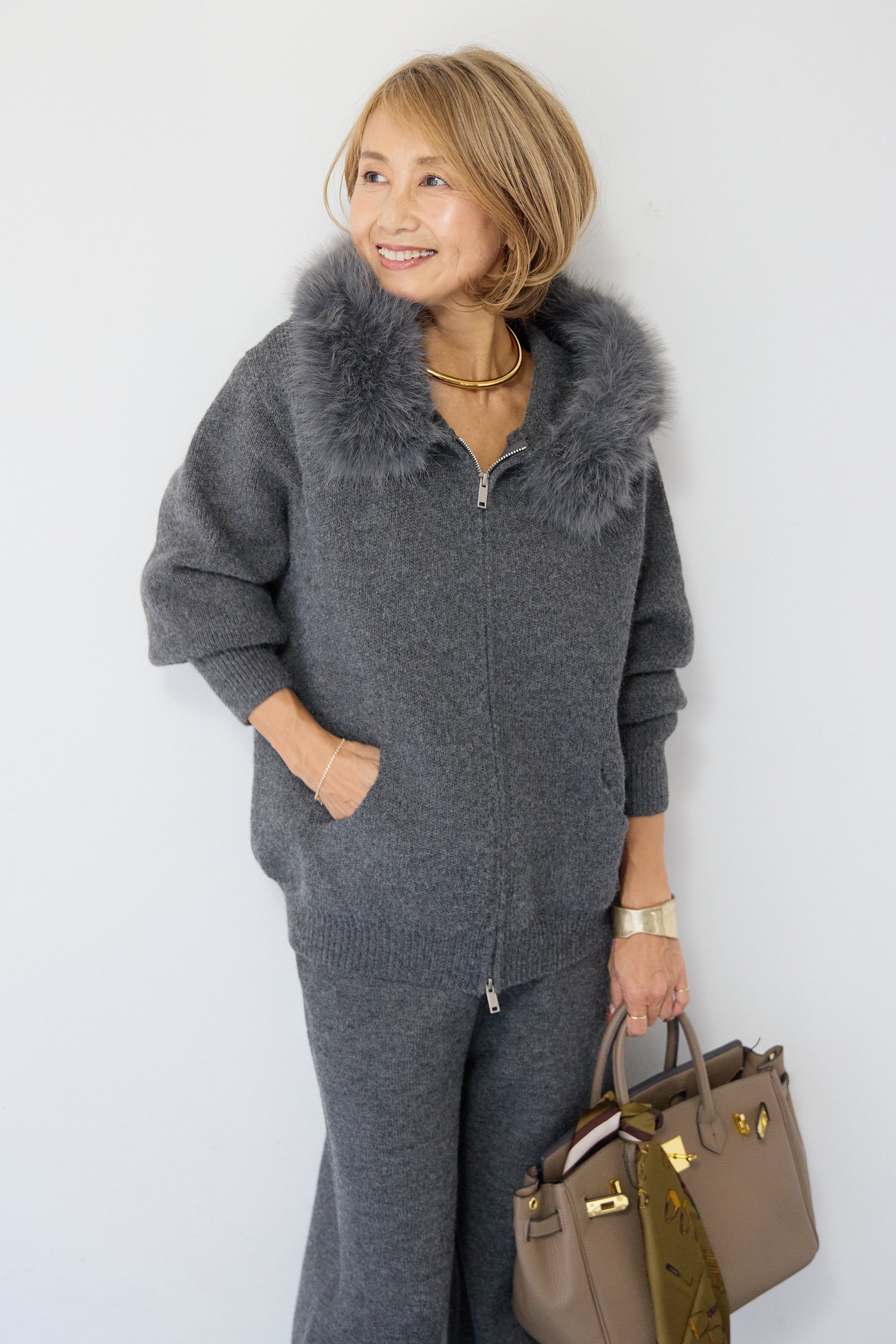 ファーフードジップニットパーカーセットアップ – plusotoha