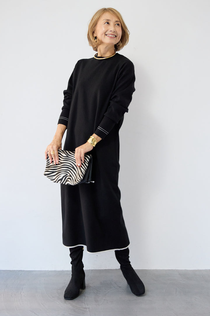 【防静電気】配色ラインやわもちニットクルーネックワンピース