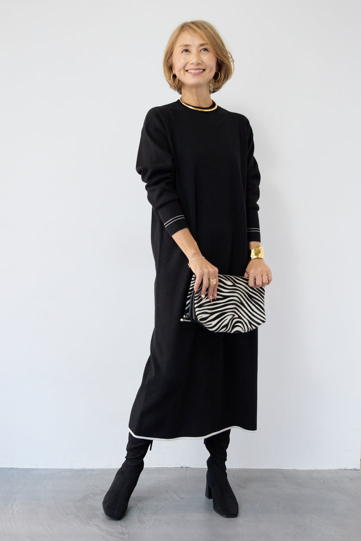 【防静電気】配色ラインやわもちニットクルーネックワンピース