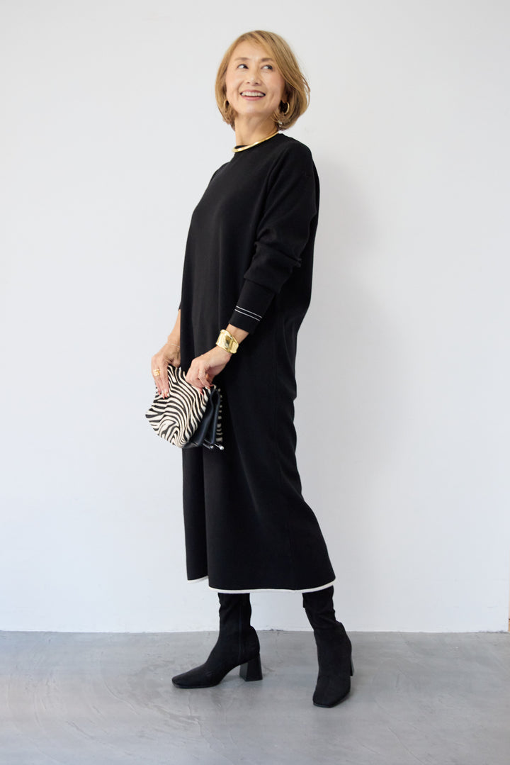 【防静電気】配色ラインやわもちニットクルーネックワンピース