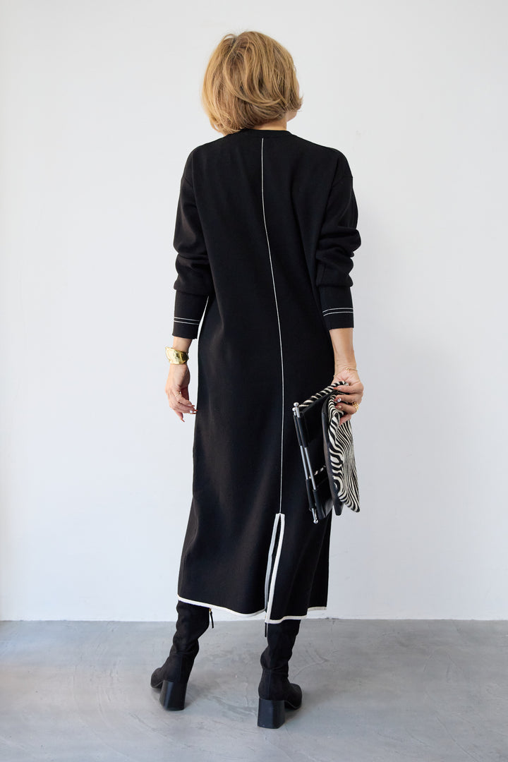 【防静電気】配色ラインやわもちニットクルーネックワンピース