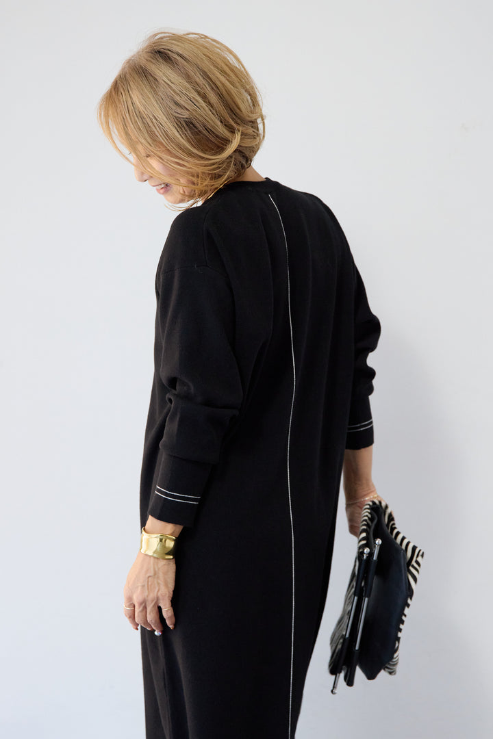 【防静電気】配色ラインやわもちニットクルーネックワンピース