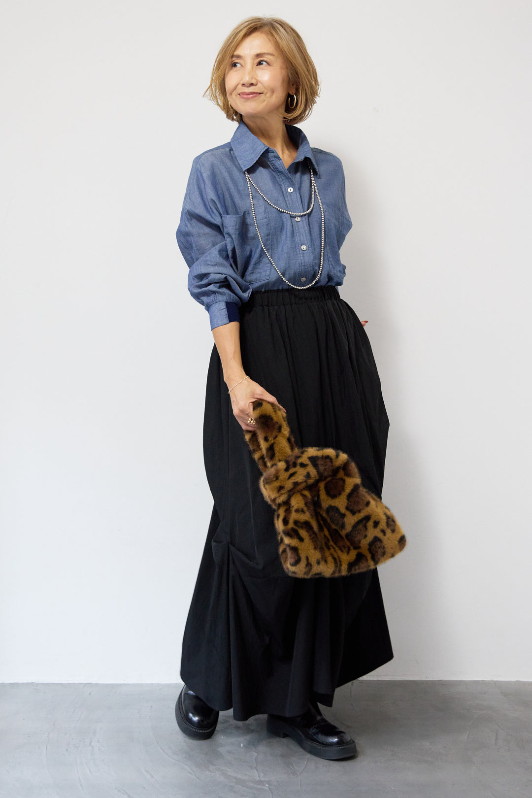 [SET]シアーデニムシャツ+ランダムタックスカート(2set)