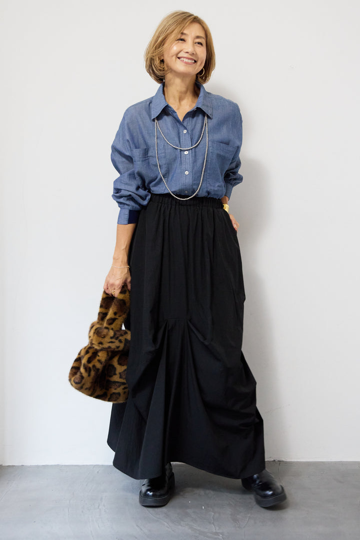 [SET]シアーデニムシャツ+ランダムタックスカート(2set)