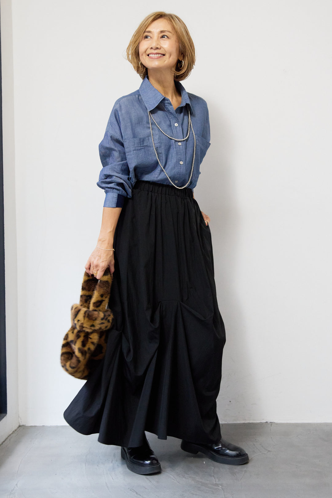 [SET]シアーデニムシャツ+ランダムタックスカート(2set)