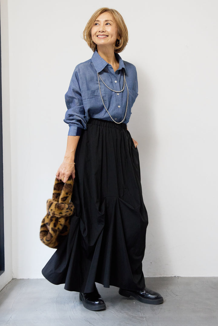 [SET]シアーデニムシャツ+ランダムタックスカート(2set)