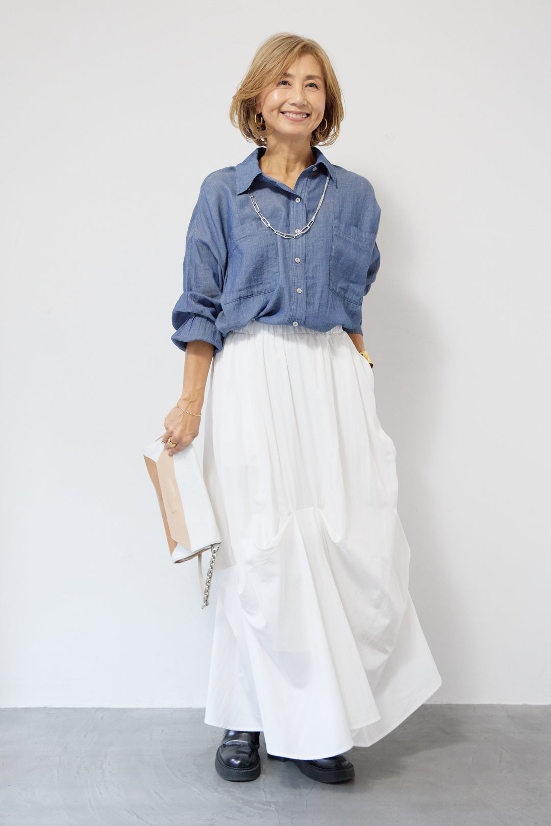 [SET]シアーデニムシャツ+ランダムタックスカート(2set)