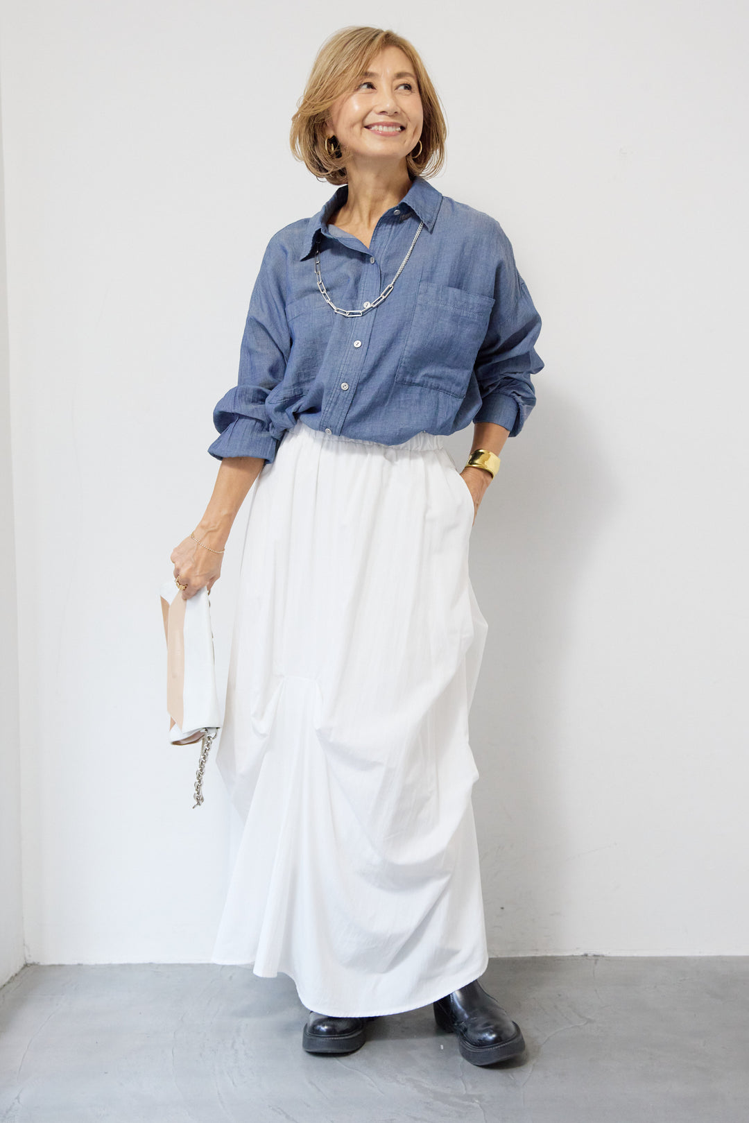 [SET]シアーデニムシャツ+ランダムタックスカート(2set)