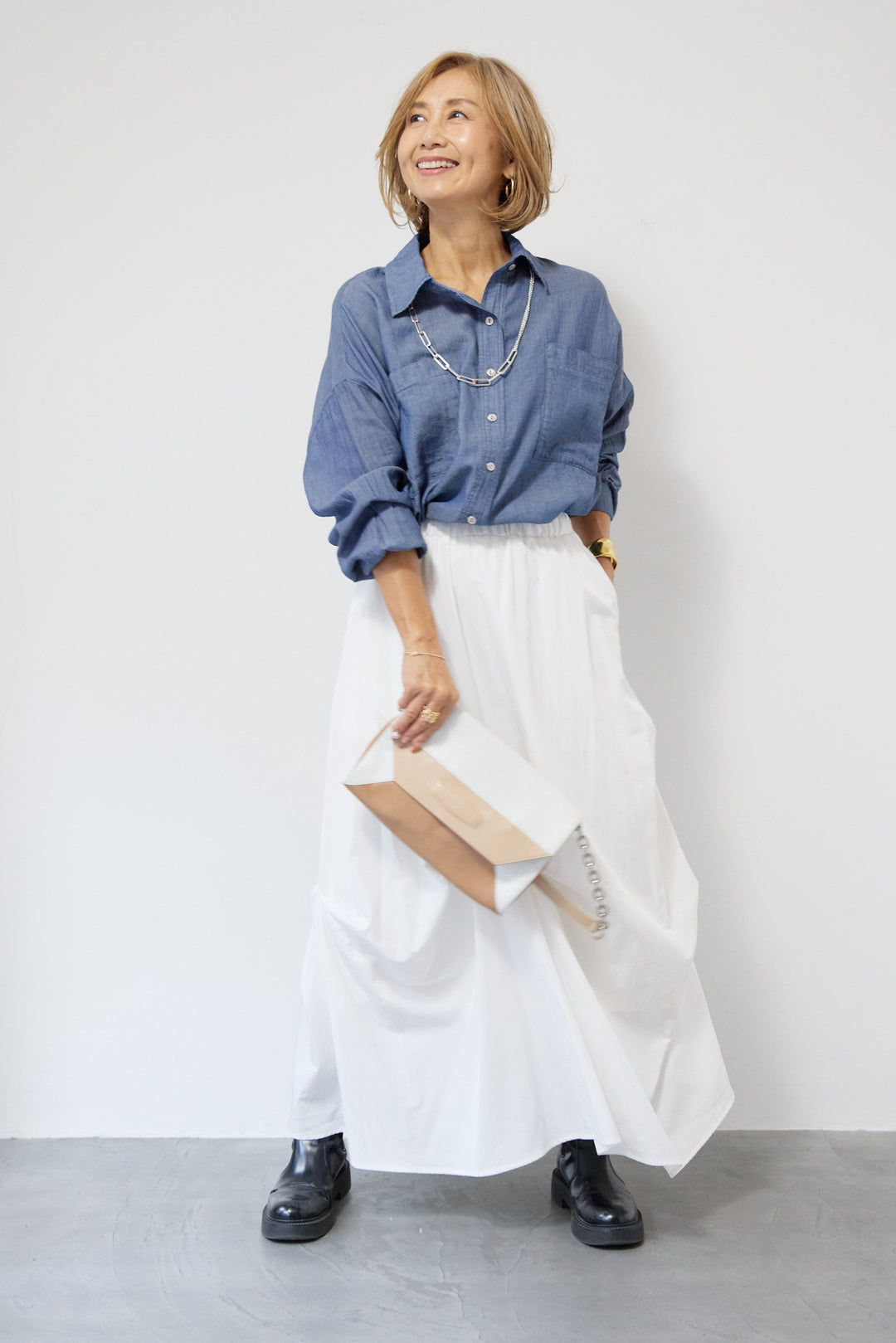 [SET]シアーデニムシャツ+ランダムタックスカート(2set)