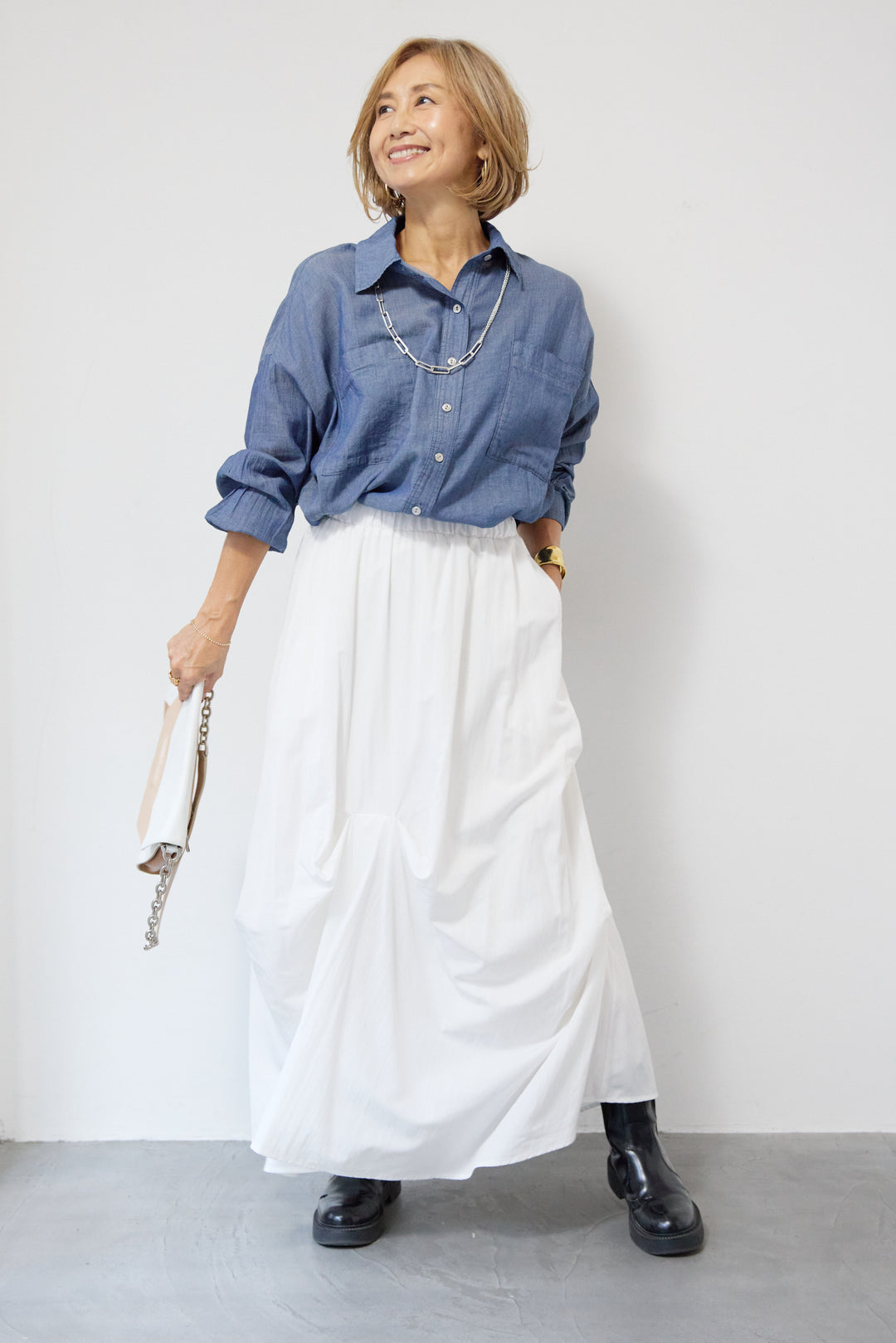 [SET]シアーデニムシャツ+ランダムタックスカート(2set)