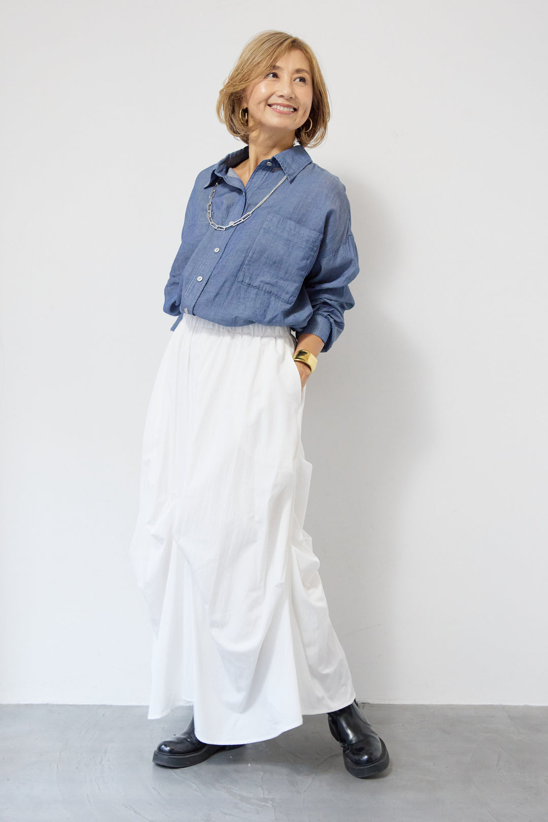 [SET]シアーデニムシャツ+ランダムタックスカート(2set)