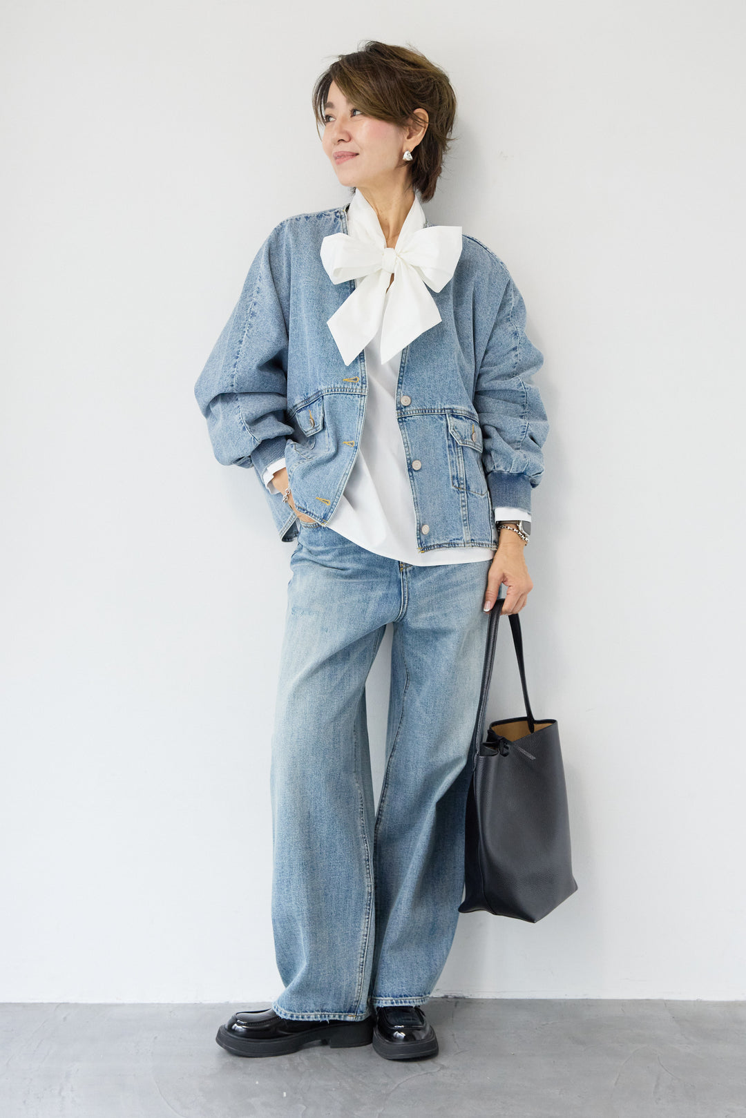 [SET]Vネックオーバーサイズデニムジャケット+ウォッシャブルコクーンデニムパンツ(2set)