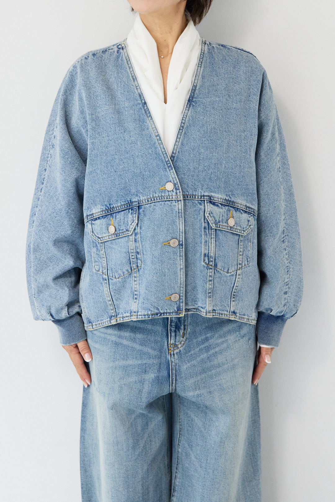 [SET]Vネックオーバーサイズデニムジャケット+ウォッシャブルコクーンデニムパンツ(2set)