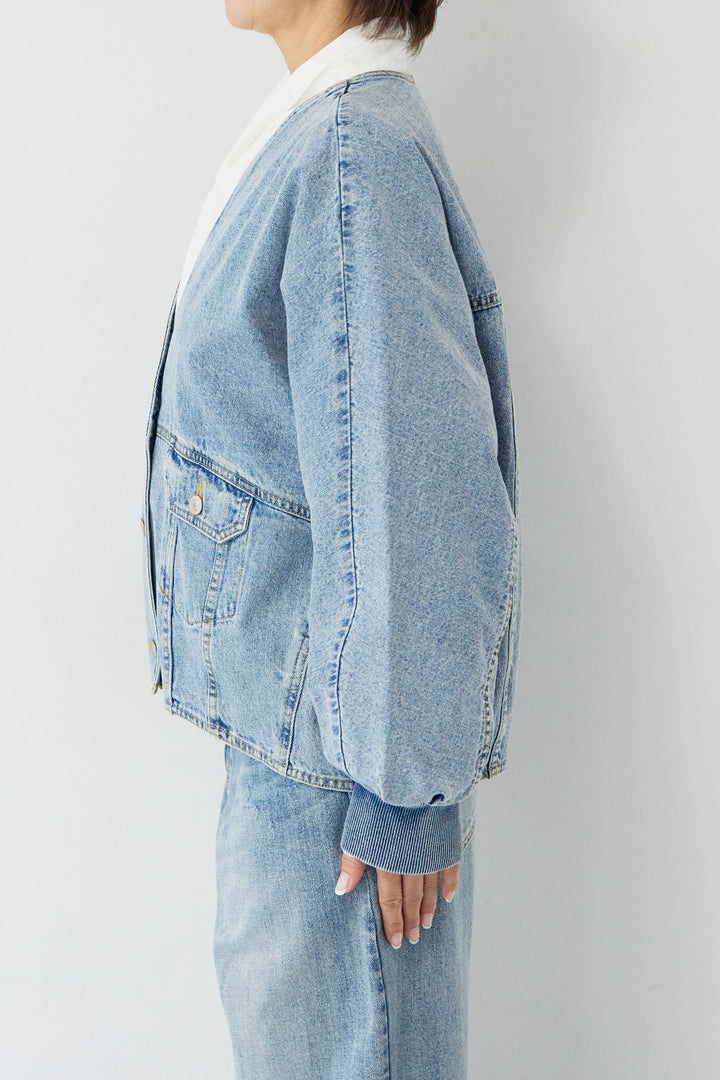 [SET]Vネックオーバーサイズデニムジャケット+ウォッシャブルコクーンデニムパンツ(2set)