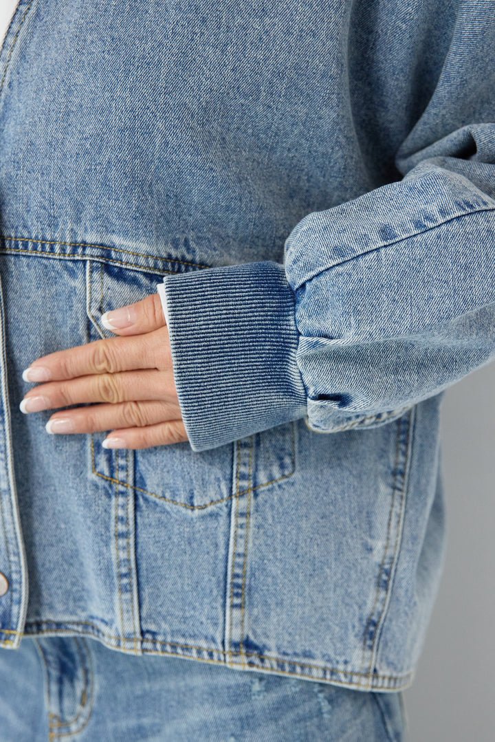 [SET]Vネックオーバーサイズデニムジャケット+ウォッシャブルコクーンデニムパンツ(2set)