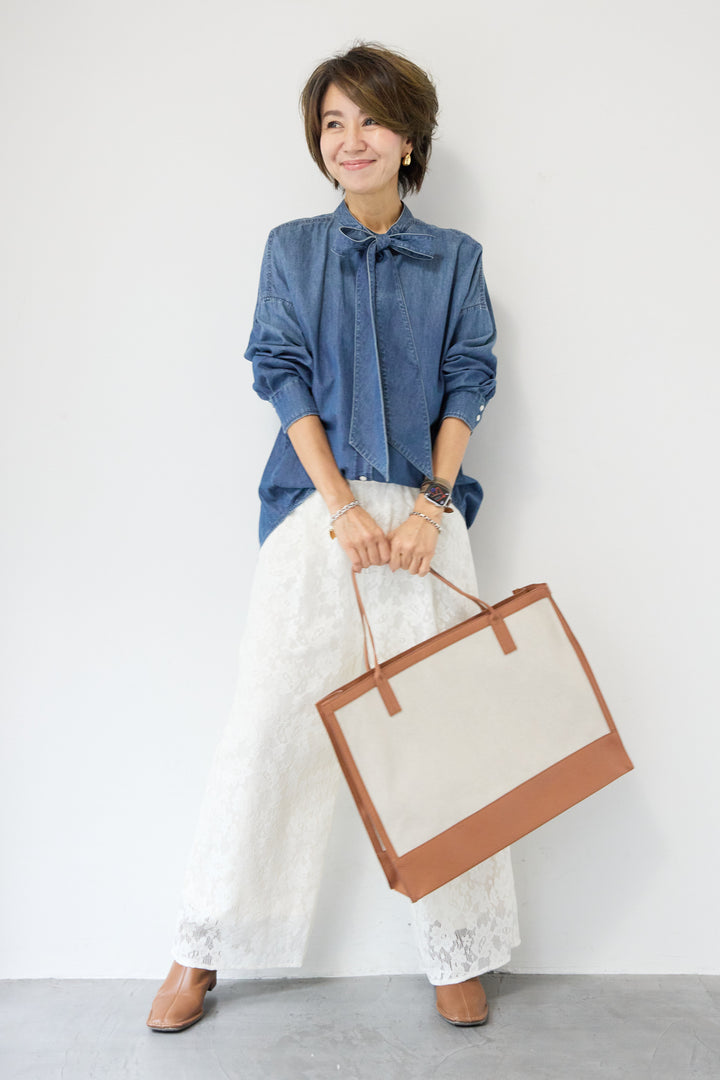 [SET]ボウタイデニムシャツ+フラワーエンブロイダリーワイドパンツ(2set)