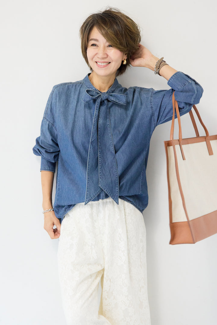 [SET]ボウタイデニムシャツ+フラワーエンブロイダリーワイドパンツ(2set)