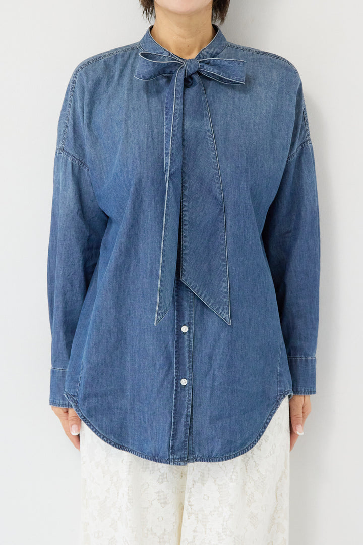 [SET]ボウタイデニムシャツ+フラワーエンブロイダリーワイドパンツ(2set)