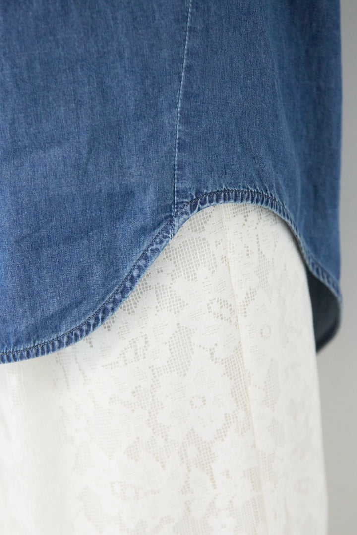 [SET]ボウタイデニムシャツ+フラワーエンブロイダリーワイドパンツ(2set)