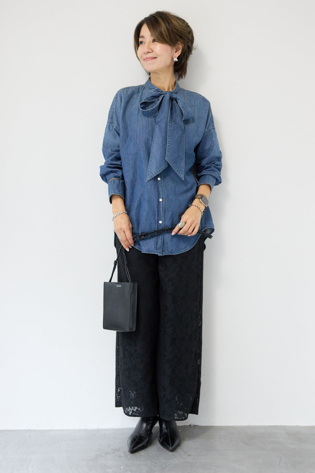 [SET]ボウタイデニムシャツ+フラワーエンブロイダリーワイドパンツ(2set)