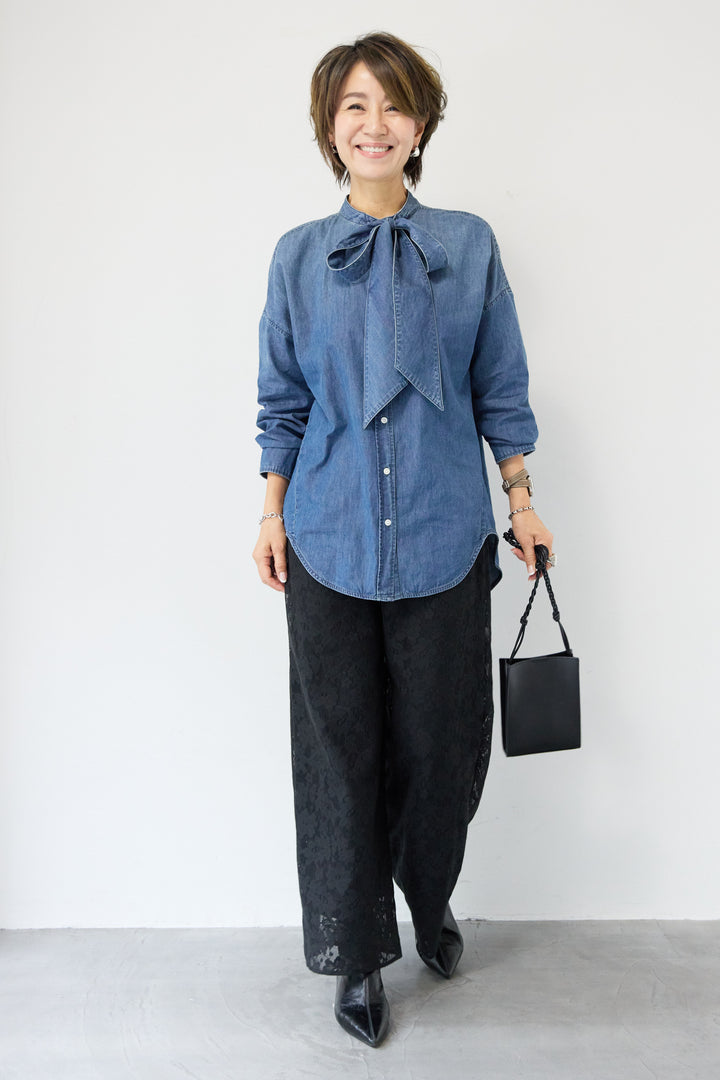 [SET]ボウタイデニムシャツ+フラワーエンブロイダリーワイドパンツ(2set)