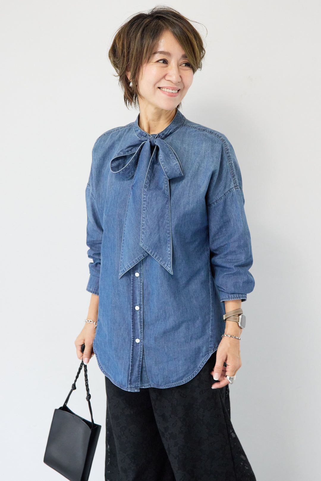 [SET]ボウタイデニムシャツ+フラワーエンブロイダリーワイドパンツ(2set)