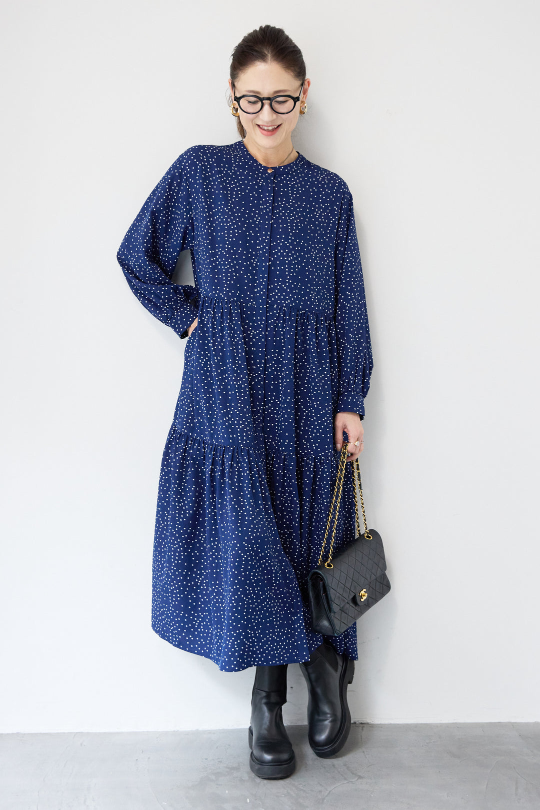 ドット柄ティアードワンピース