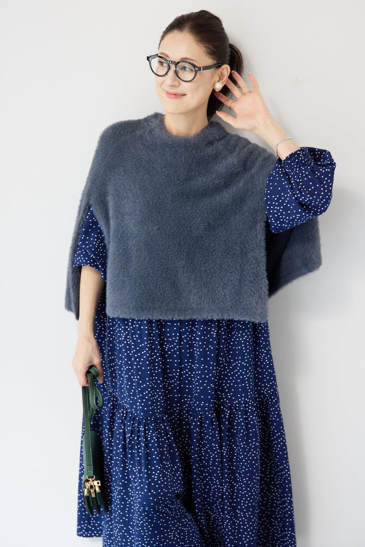 [SET]ドット柄ティアードワンピース+ナイロンフェザーニットケープ(2set)