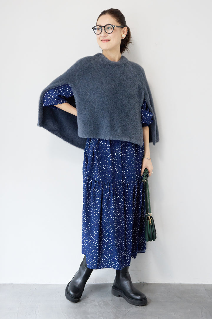 [SET]ドット柄ティアードワンピース+ナイロンフェザーニットケープ(2set)