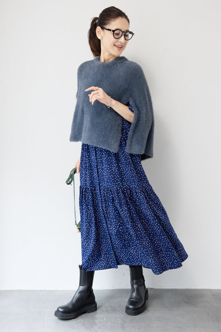 [SET]ドット柄ティアードワンピース+ナイロンフェザーニットケープ(2set)