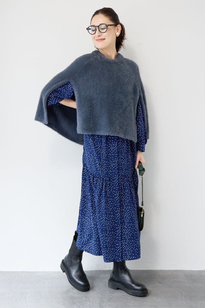 [SET]ドット柄ティアードワンピース+ナイロンフェザーニットケープ(2set)