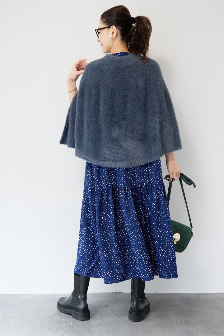 [SET]ドット柄ティアードワンピース+ナイロンフェザーニットケープ(2set)