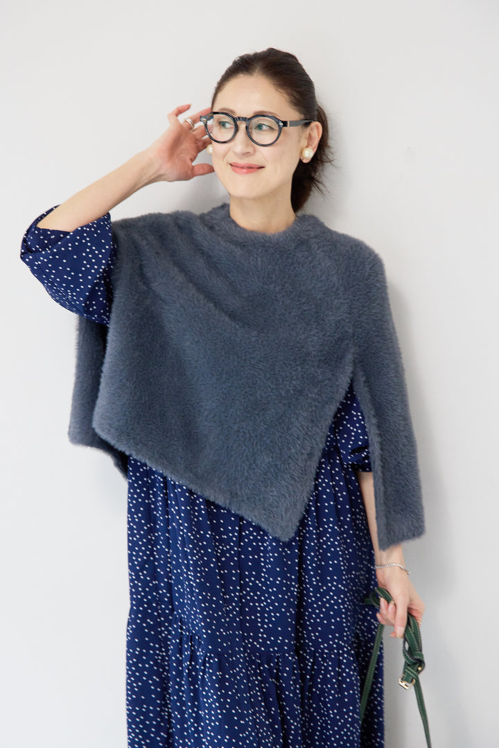 [SET]ドット柄ティアードワンピース+ナイロンフェザーニットケープ(2set)