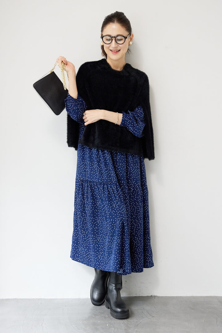 [SET]ドット柄ティアードワンピース+ナイロンフェザーニットケープ(2set)