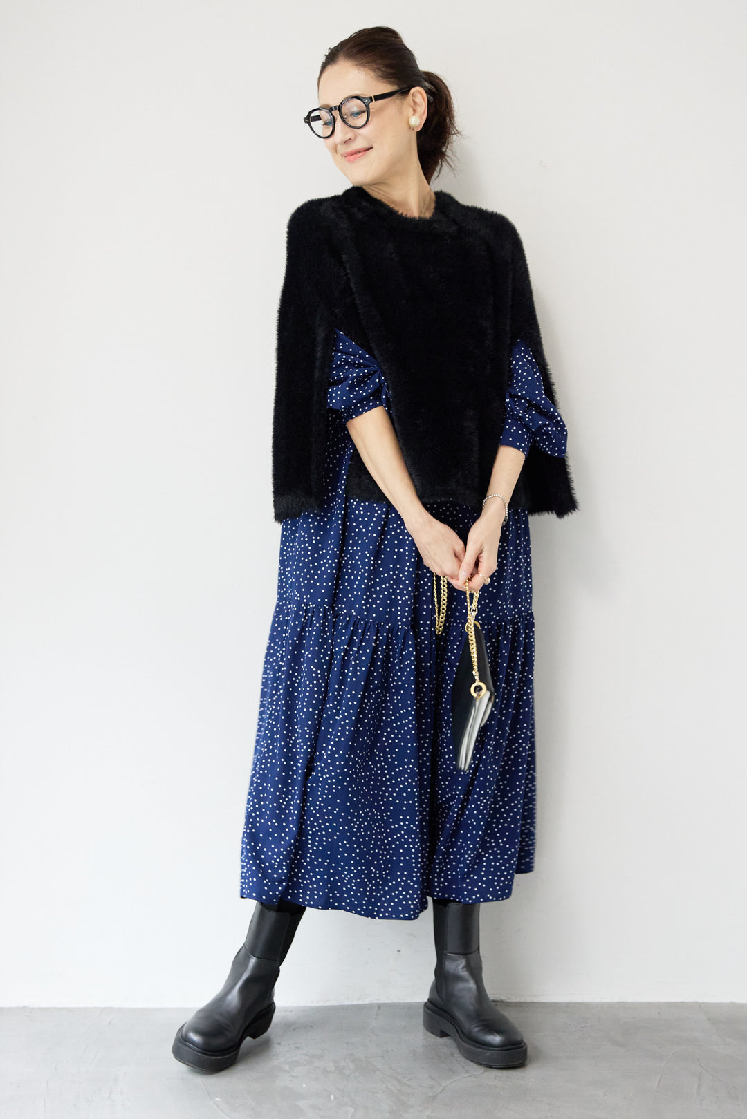 [SET]ドット柄ティアードワンピース+ナイロンフェザーニットケープ(2set)