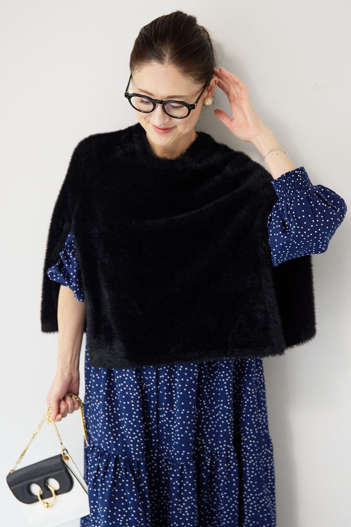 [SET]ドット柄ティアードワンピース+ナイロンフェザーニットケープ(2set)