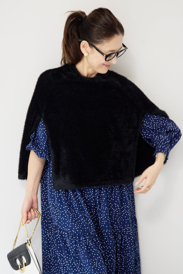 [SET]ドット柄ティアードワンピース+ナイロンフェザーニットケープ(2set)