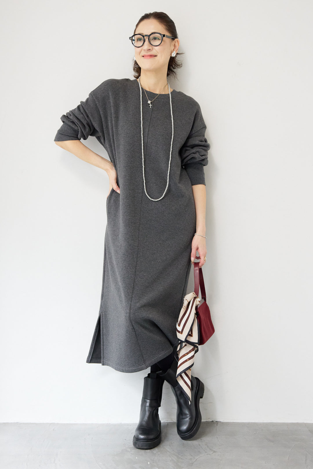 裏起毛バックジップワンピース