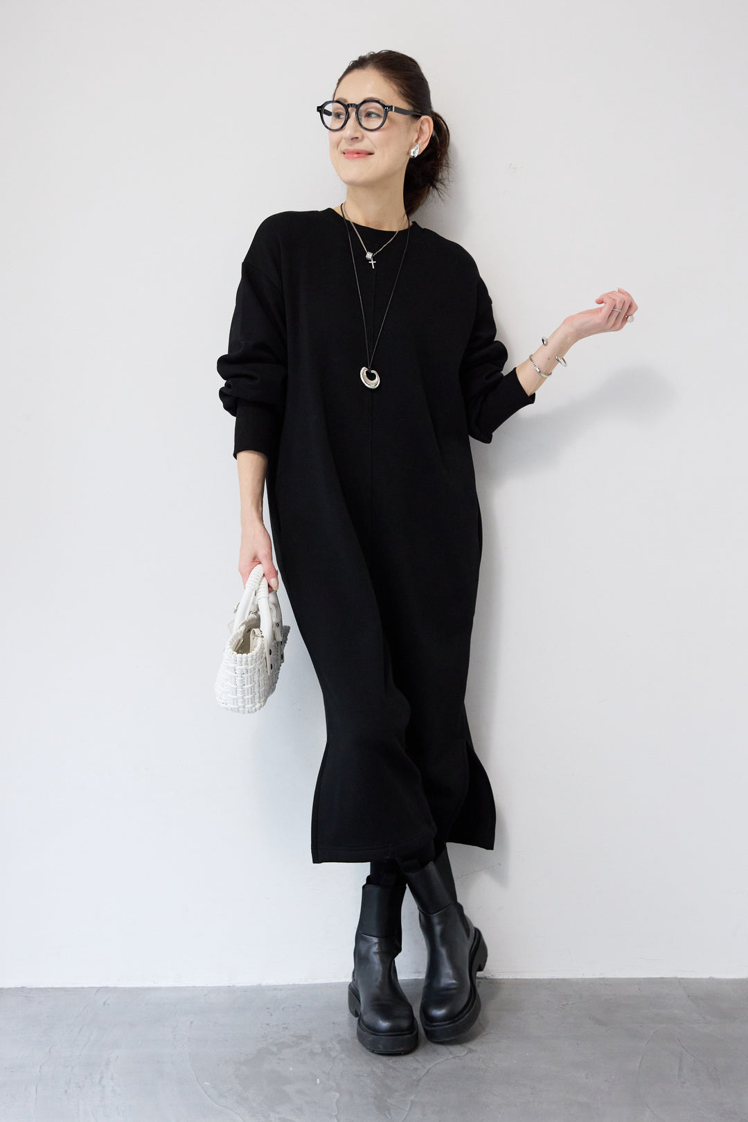 裏起毛バックジップワンピース