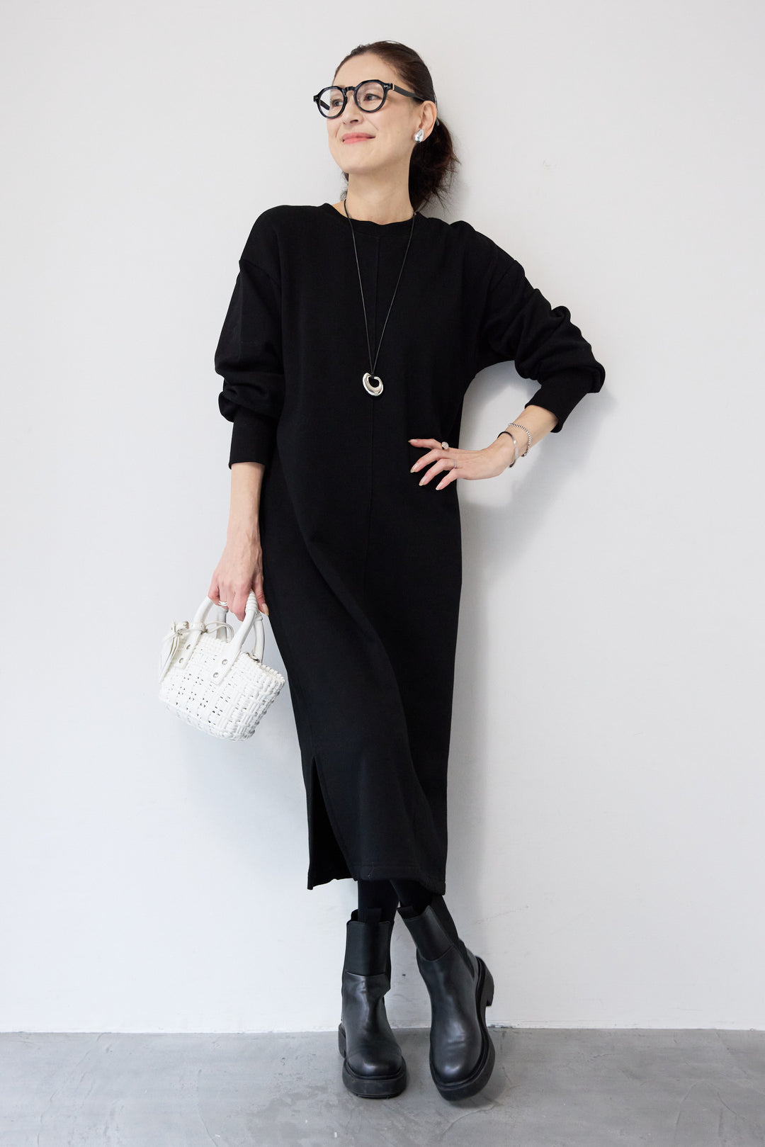 裏起毛バックジップワンピース