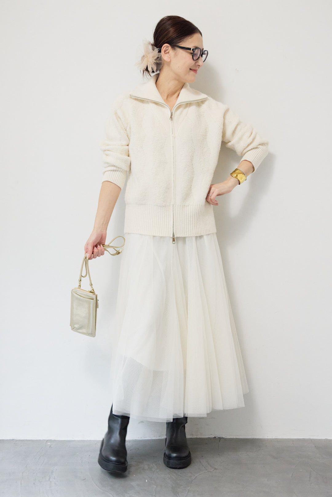 [SET]ラメダブルジップニット+チュールスカート(2set)